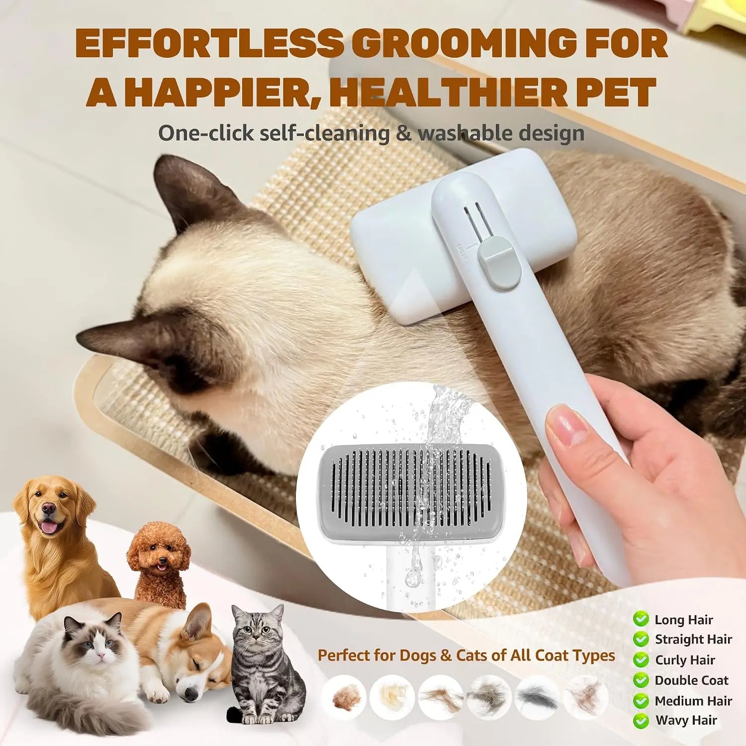 Dog & Cat Button Hair Removal Comb - Universal Self-Cleaning Deshedding Slicker Brush, 1-Click Release, Easy Clean, Shed Control, No Hair Picking