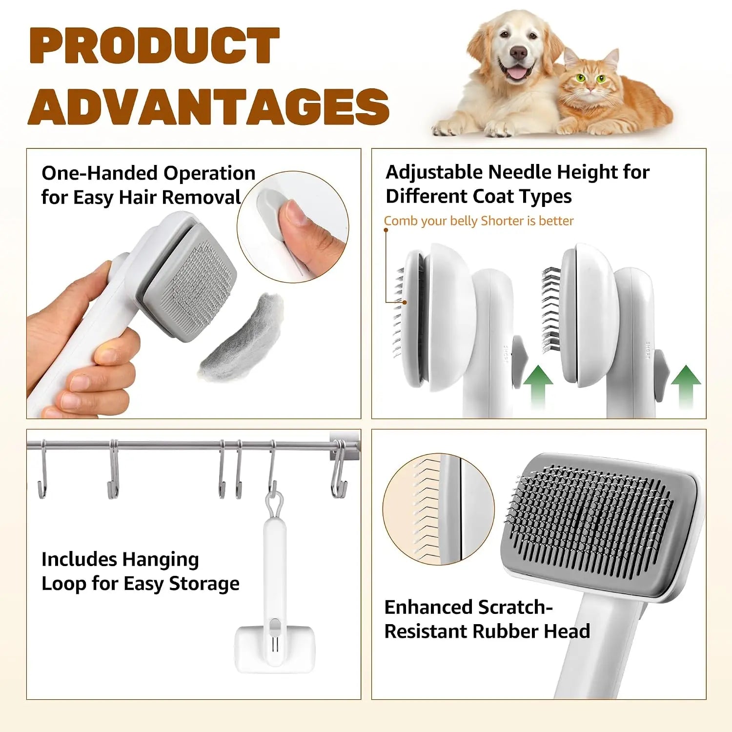 Dog & Cat Button Hair Removal Comb - Universal Self-Cleaning Deshedding Slicker Brush, 1-Click Release, Easy Clean, Shed Control, No Hair Picking