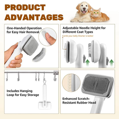 Dog & Cat Button Hair Removal Comb - Universal Self-Cleaning Deshedding Slicker Brush, 1-Click Release, Easy Clean, Shed Control, No Hair Picking