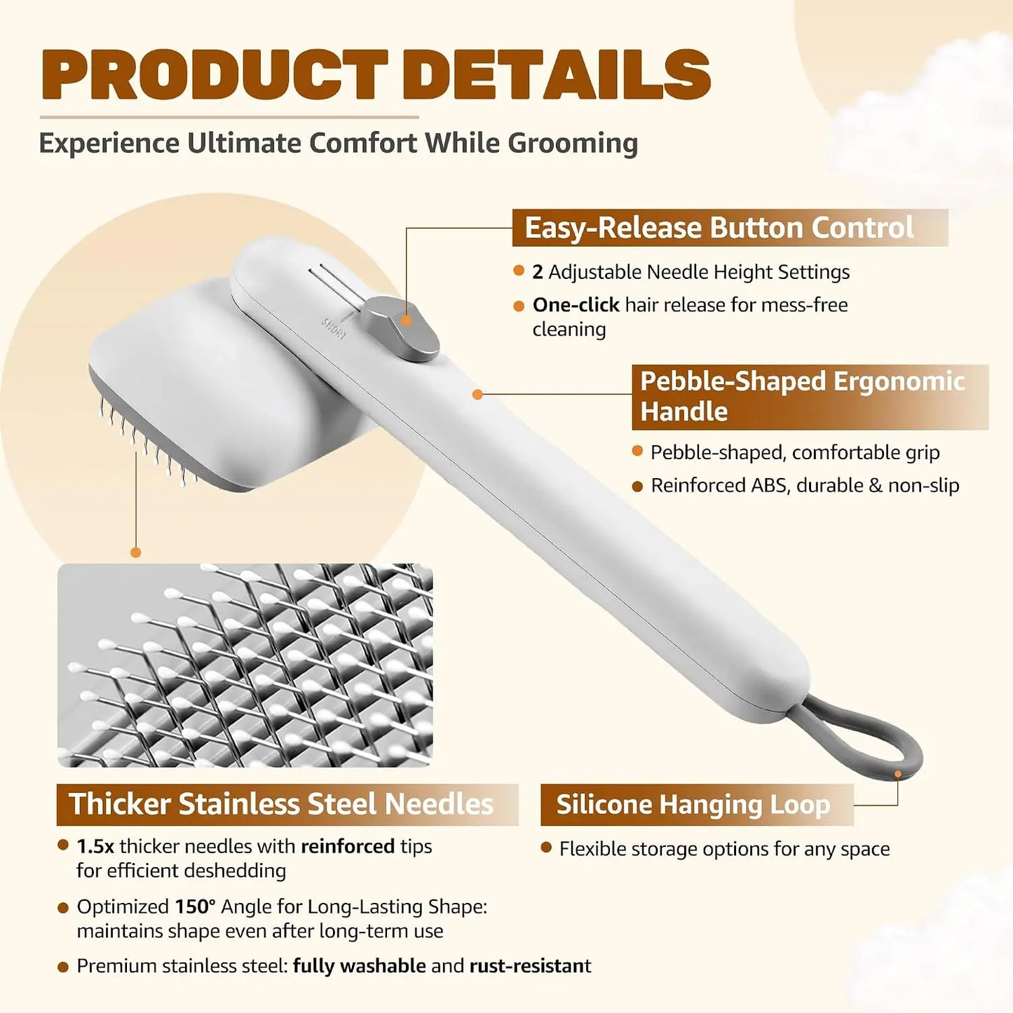 Dog & Cat Button Hair Removal Comb - Universal Self-Cleaning Deshedding Slicker Brush, 1-Click Release, Easy Clean, Shed Control, No Hair Picking