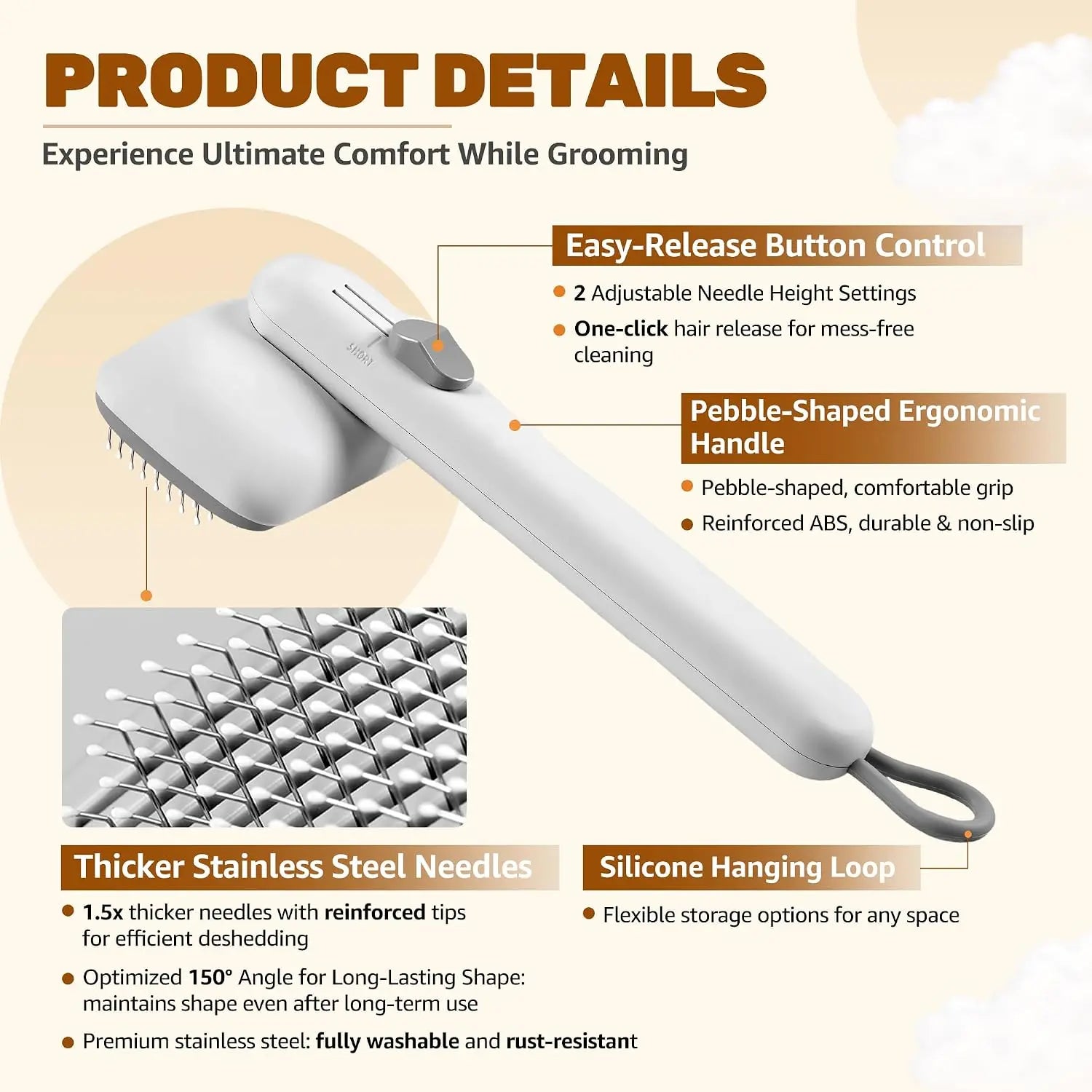 Dog & Cat Button Hair Removal Comb - Universal Self-Cleaning Deshedding Slicker Brush, 1-Click Release, Easy Clean, Shed Control, No Hair Picking