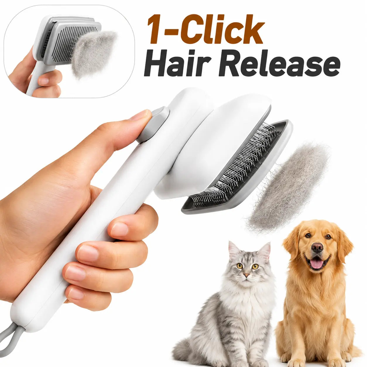 Dog & Cat Button Hair Removal Comb - Universal Self-Cleaning Deshedding Slicker Brush, 1-Click Release, Easy Clean, Shed Control, No Hair Picking